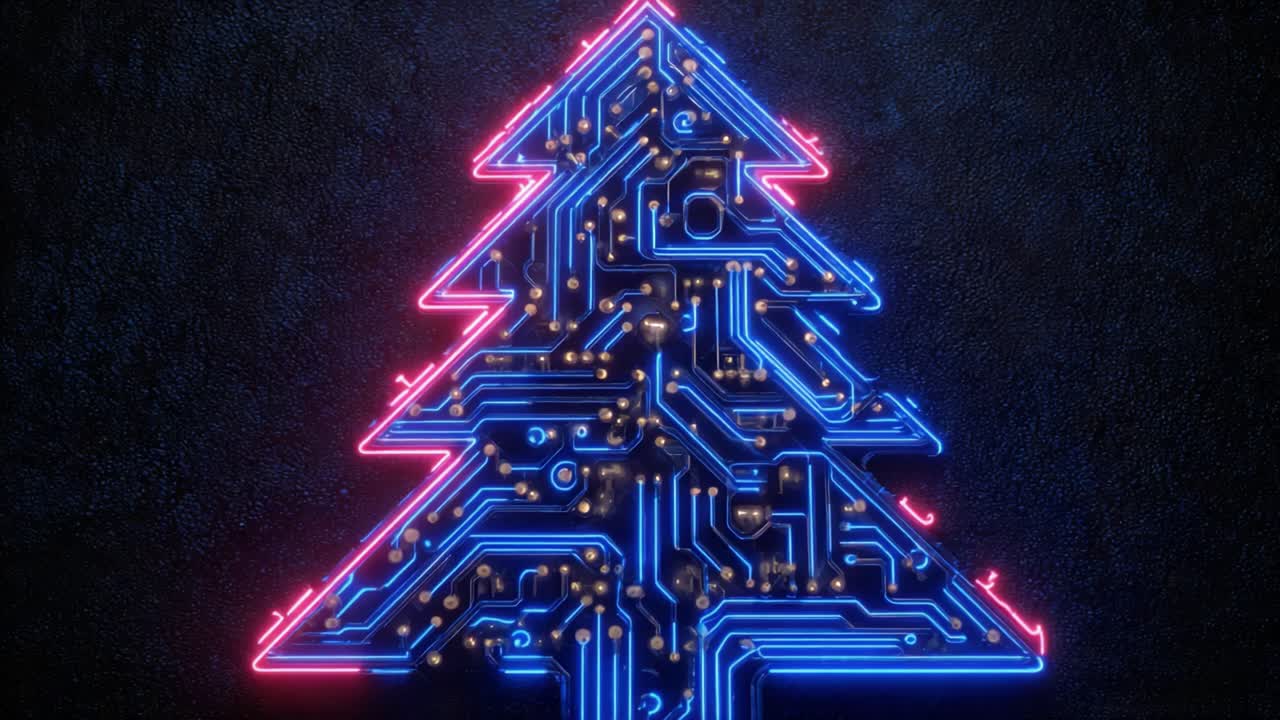 A Stunning Visual Representation of a Christmas Tree Crafted with Neon Circuitry and Vibrant Colors, Merging Technology and Festivity in a Unique Display
