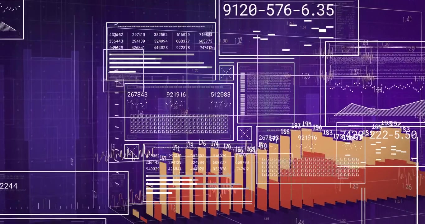 Gradient grid filling causing panels sliding chart bars growing, gauge rotating, visualizing data