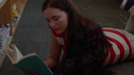 Animation-of-mathematical-equations-over-female-student-reading-in-library