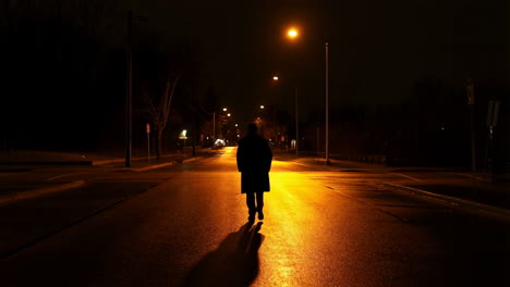 silhouetted figure walks down a luminous night street