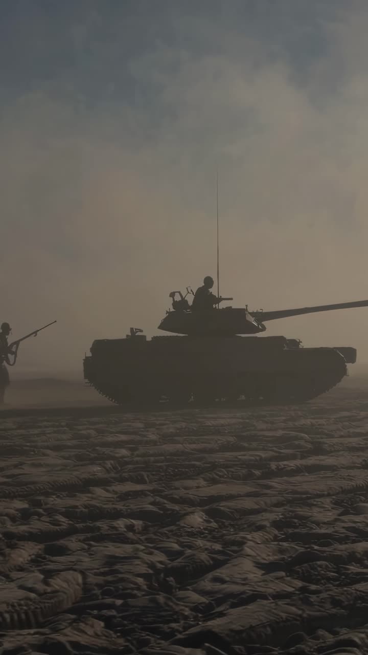 el tanque militar con silueta rodando hacia adelante con tropas de infantería avanzando a través de un campo de batalla desolado y polvoriento, creando una dramática escena de guerra que destaca la tensión del conflicto armado