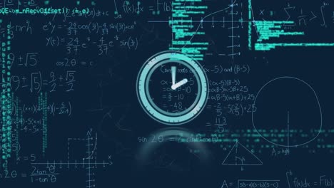 Animation-of-clock-and-data-processing-on-navy-background