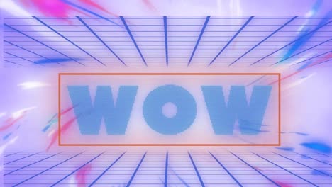 Animation-Von-Blauem-Text-„Wow“,-über-Wirbelnden-Farben-Und-Blauem-Gitter-Auf-Flieder