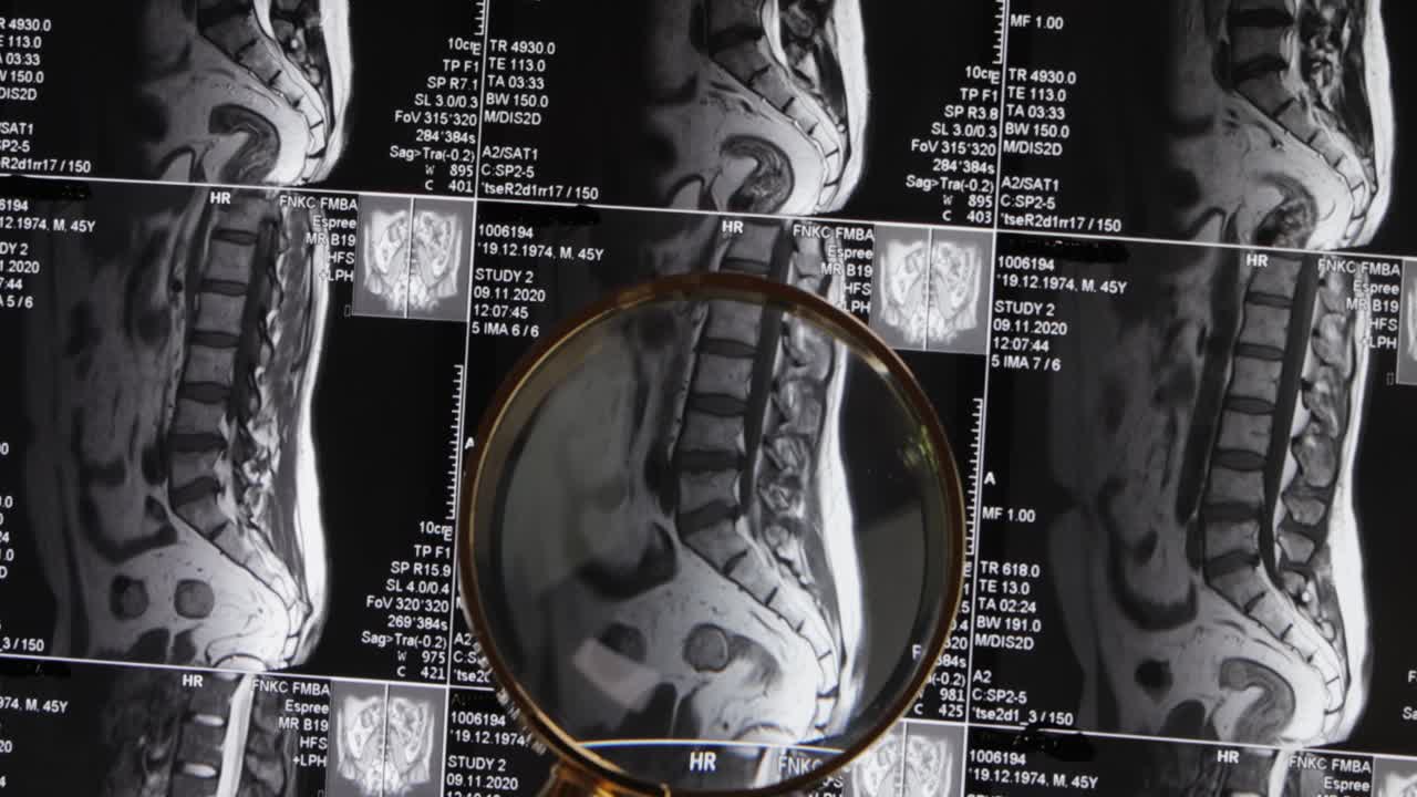 resonancia magnética de fondo de la columna lumbar, tomografía por resonancia magnética. el médico examina la resonancia magnética de la columna lumbar con discos pellizcados de la columna vertebral y los nervios.