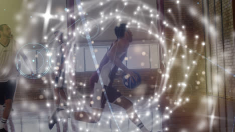 animación de un círculo hecho de luces sobre diversos jugadores de baloncesto masculinos en la cancha