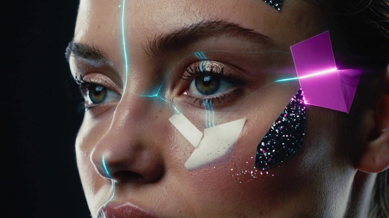 Animating cyan line brightening toward eye, woman lifting eyelid in studio showing holographic cube