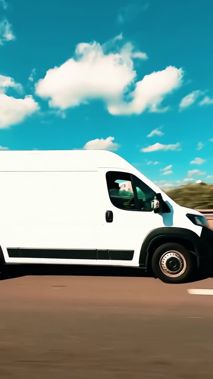 Side view of a white van driving on a highway under a blue sky, video captures motion