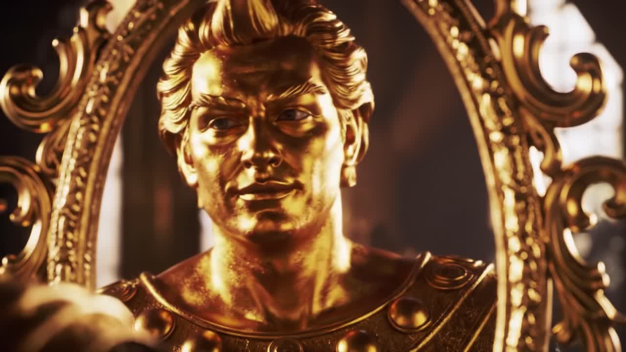A captivating golden statue stands in a beautifully adorned hall, showcasing intricate details and an impressive reflection.