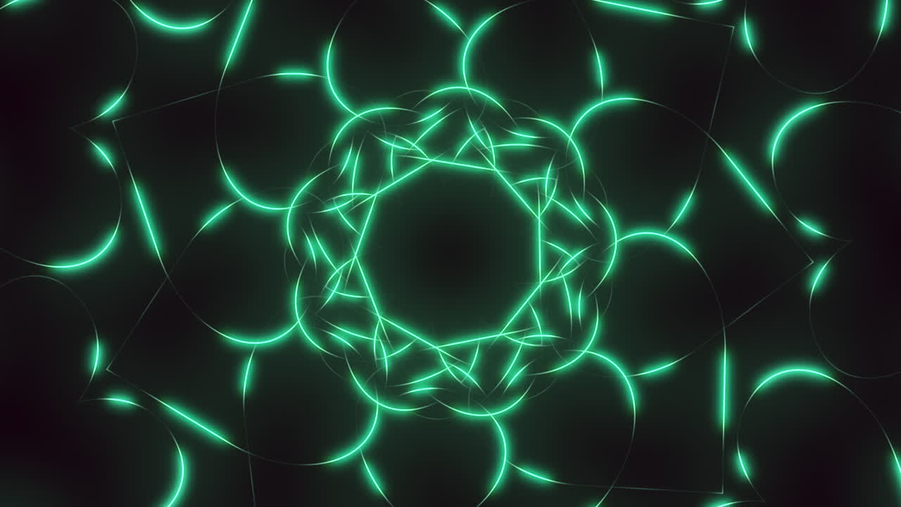 Radiant green light circle of crossed and branching lines on black background