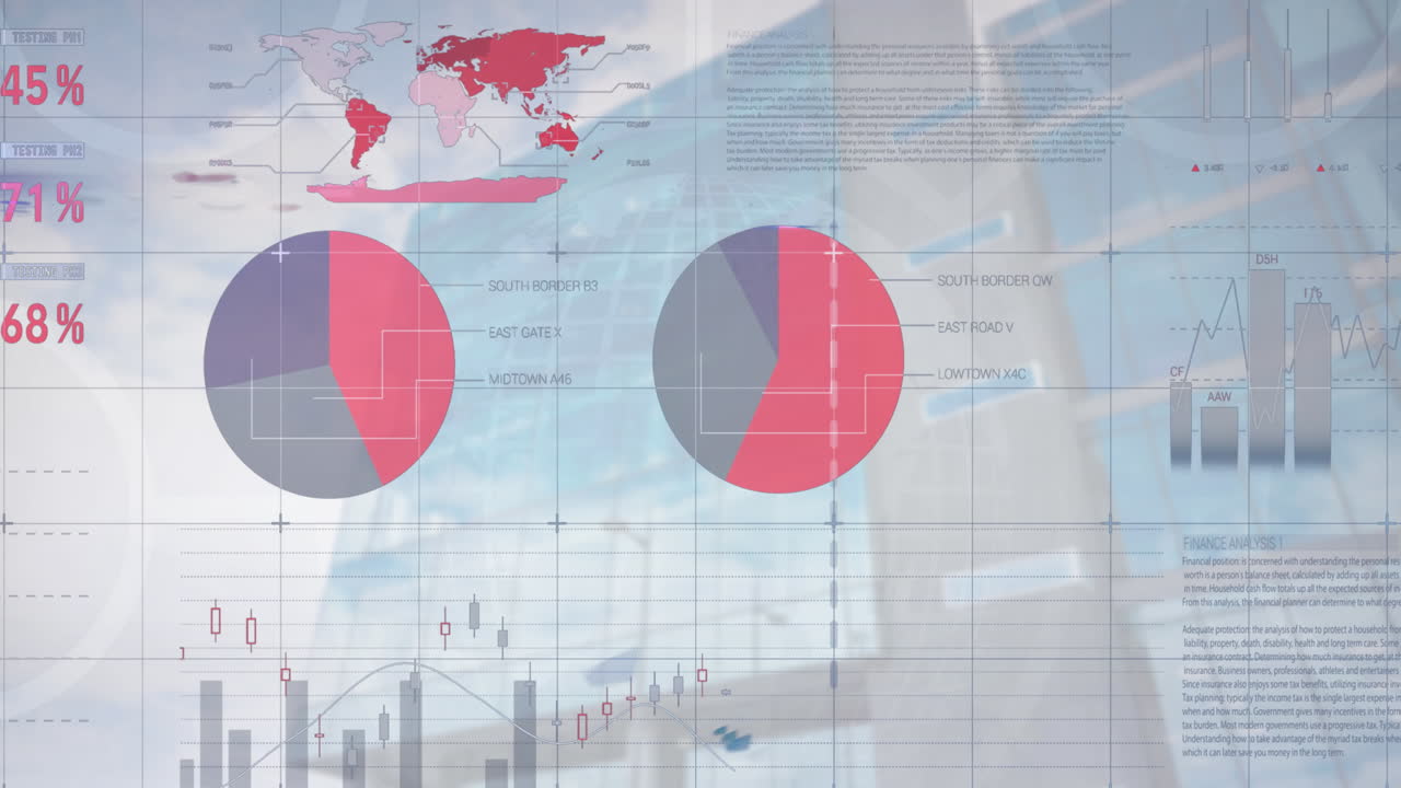 Animation of statistical data processing over grid network against tall building