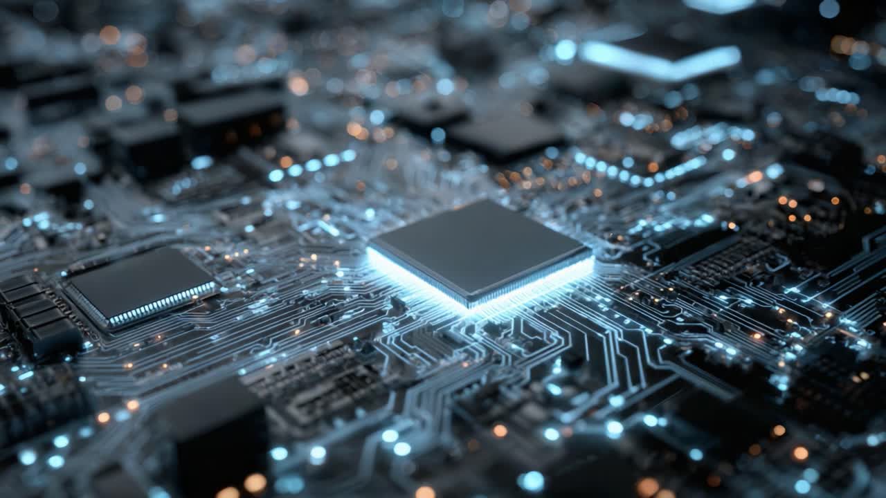 Exploring the Intricacies of Circuit Design: A Detailed View of a High-Tech Microprocessor on a Printed Circuit Board Surrounded by Complex Wiring and Component Layout
