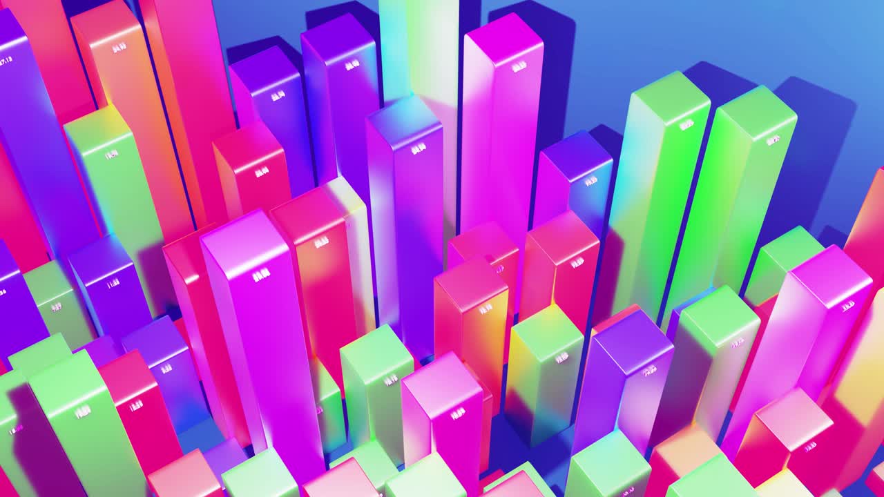hermoso fondo en bucle 3d para programas analíticos con infografías abstractas, datos estadísticos. barras multicolores, contadores y gráficos. columnas 3d se mueven suavemente arriba y abajo en bucle. bg financiero