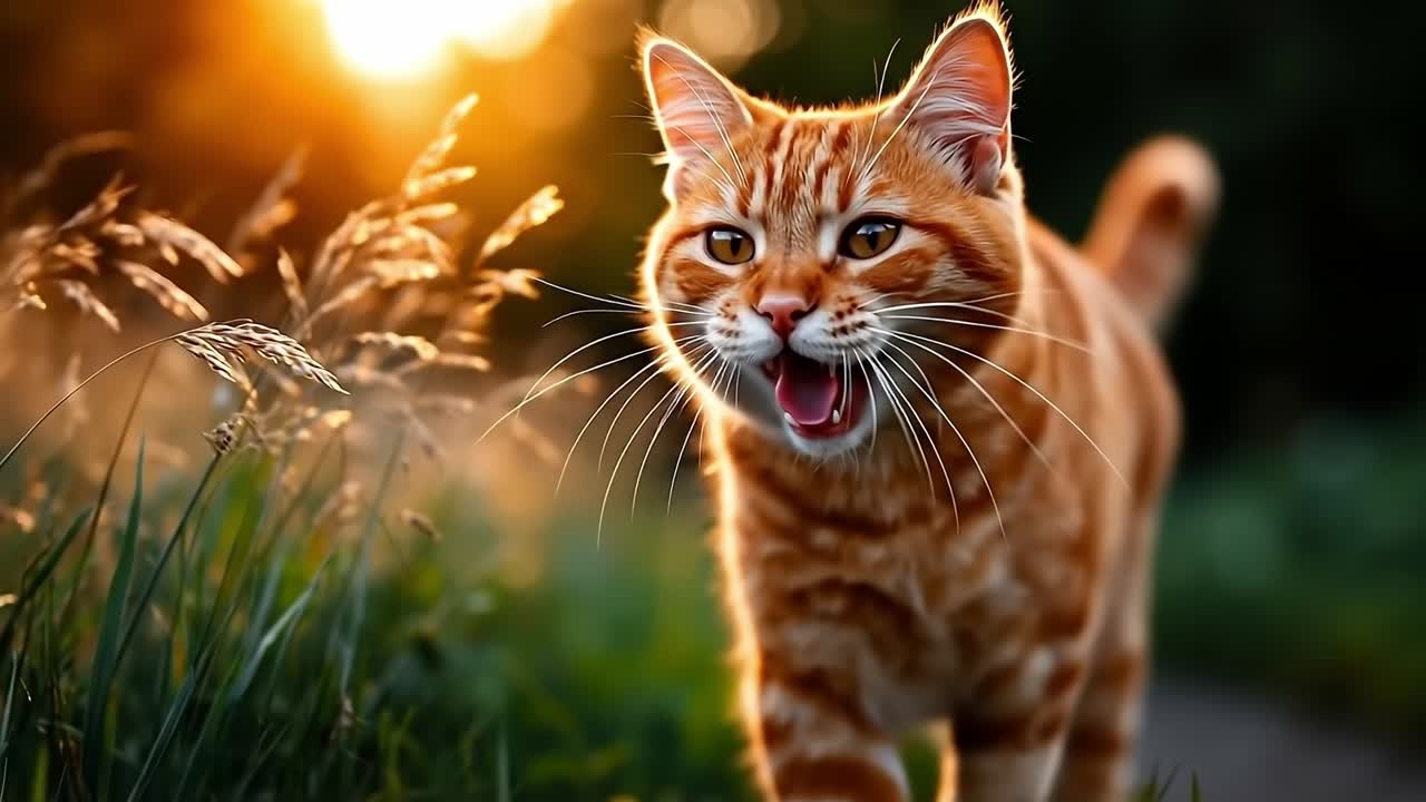 An orange cat running through a field of tall grass