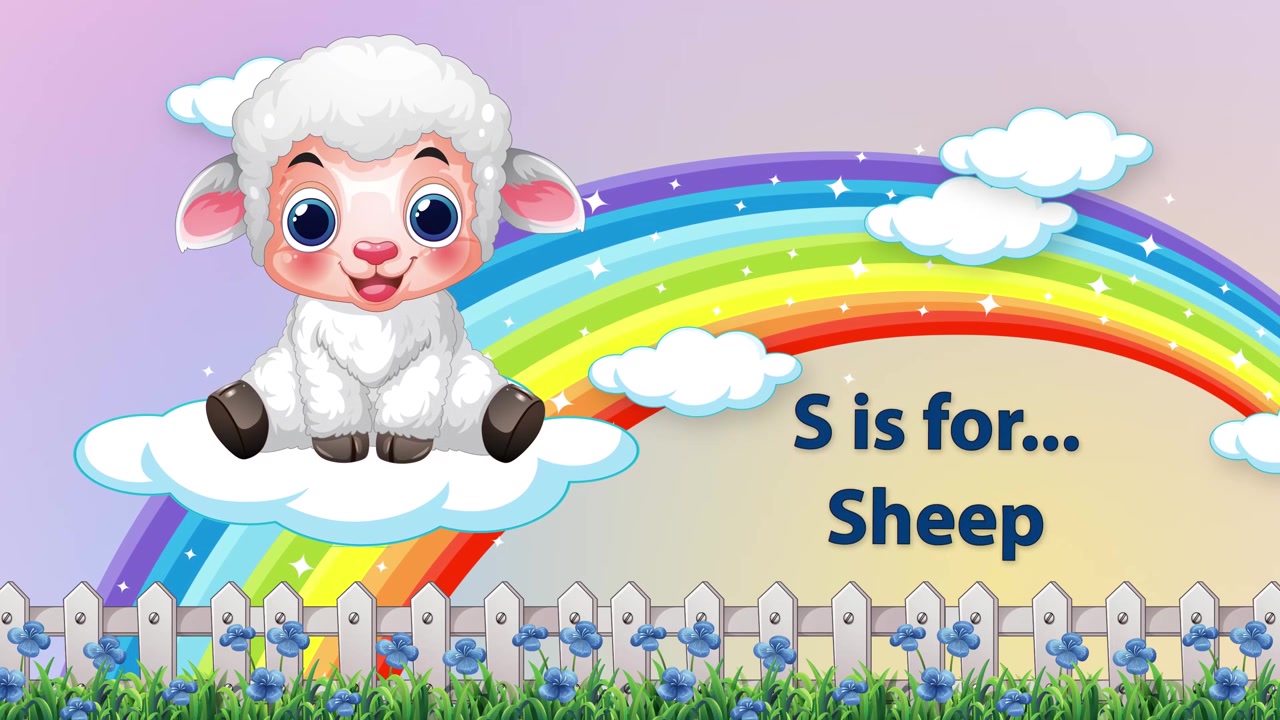 Farbenfrohe 2D-Animation mit einem süßen Schaf auf einer Wolke, Regenbogen und Text