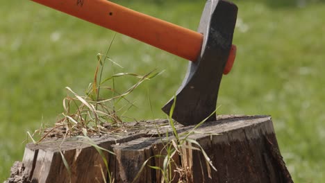 the worker finished chopping wood, cut the axe into the block