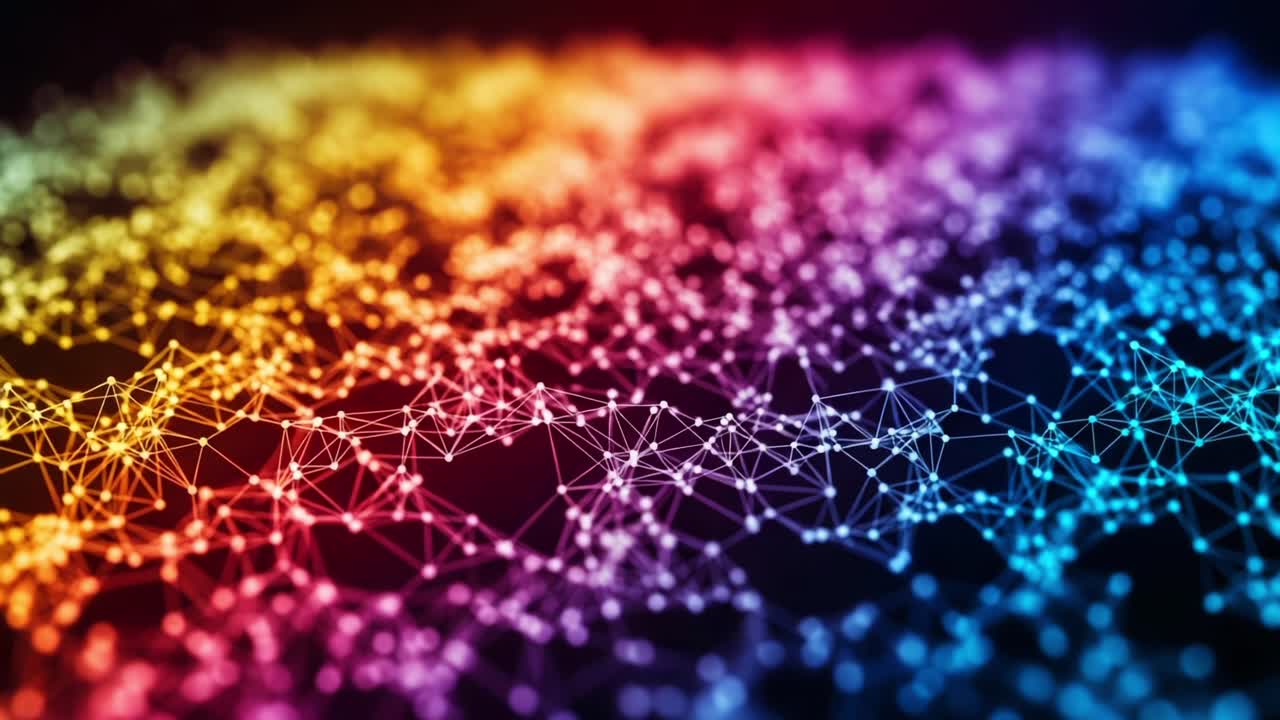 Vibrant Abstract Network of Nodes and Connections Representing Data Flow with a Rainbow Color Spectrum in Two Frames Showing Dynamic Movement