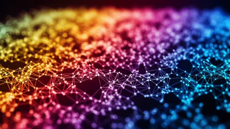 vibrant abstract network of nodes and connections representing data flow with a rainbow color spectrum in two frames showing dynamic movement