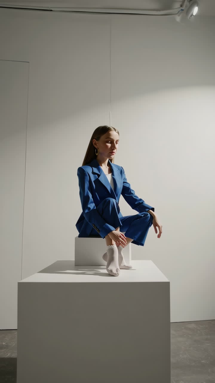 Woman in Blue Pantsuit and White Socks Posing in a Studio