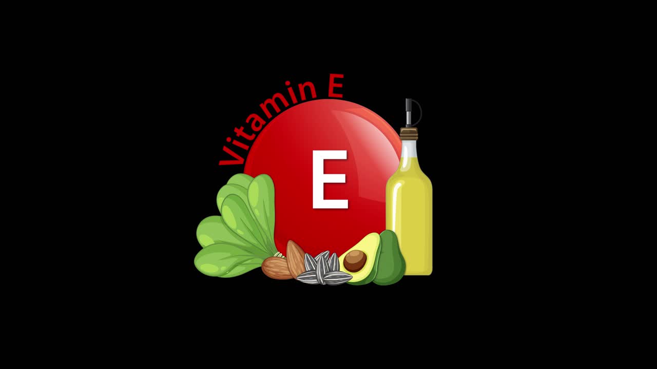A red Vitamin E capsule animates in, joined by spinach, avocado, nuts, and oil bottle illustrations on a black background with smooth transitions