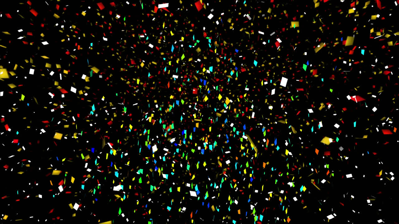 Animation of multi coloured confetti falling over black background