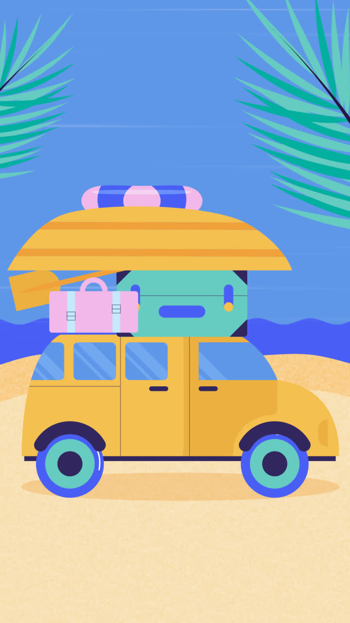 una animación de una ilustración de coche de verano plano dibujado a mano