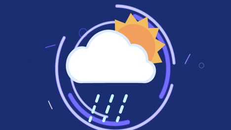animación del icono de la nube y el sol sobre formas en fondo azul.