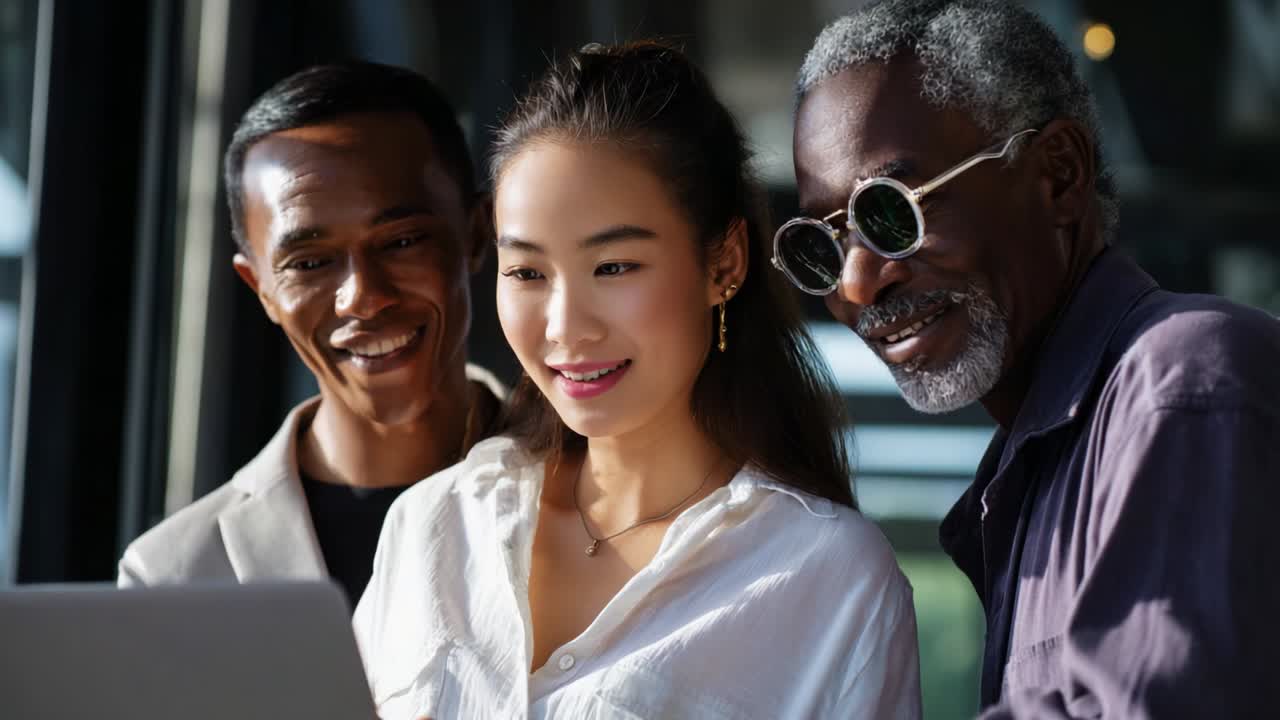 A Moment of Connection: Three Individuals Engaging with Technology, Sharing Laughter and Joy Over a Laptop in a Bright, Modern Environment, Reflecting the Power of Collaboration and Friendship