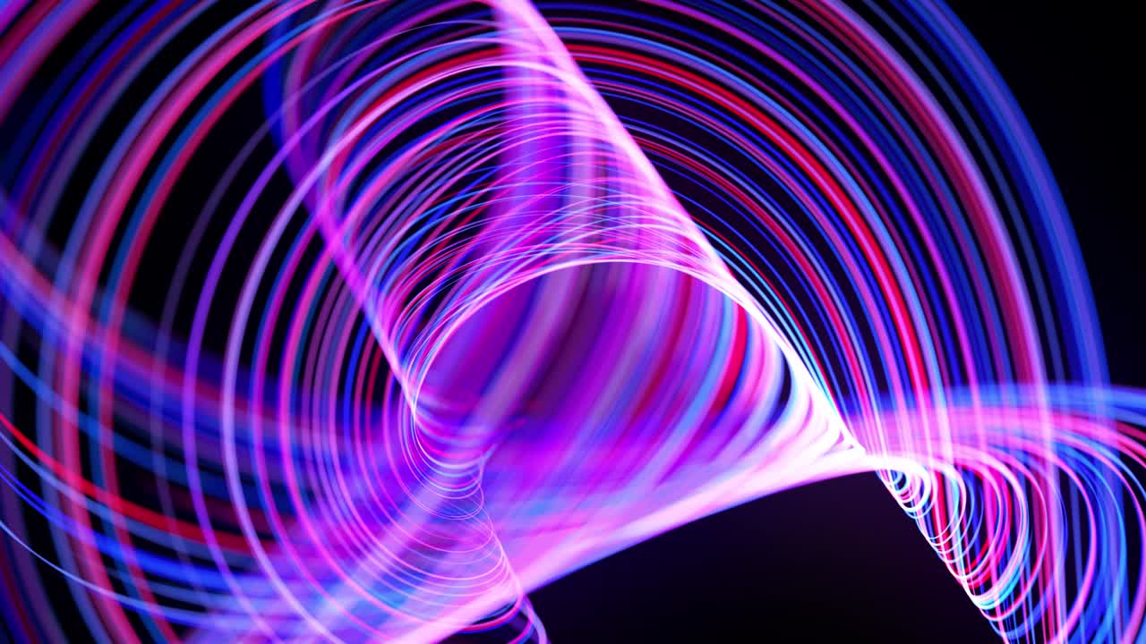 Motion graphics, sci-fi bg. Stream of red blue neon lines form spiral shape, curls and pattern. Abstract looped background with light trails, Modern trendy motion design background.