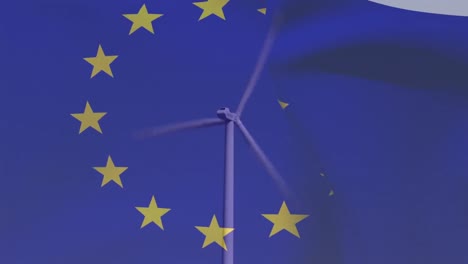 Animación-De-La-Bandera-De-La-Unión-Europea-Sobre-Una-Turbina-Eólica-Giratoria.