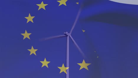 animation of european union flag over rotating wind turbine