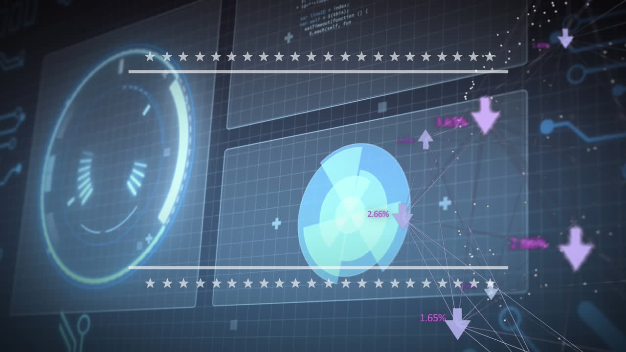 Animation of arrows and connections over data processing on digital screen
