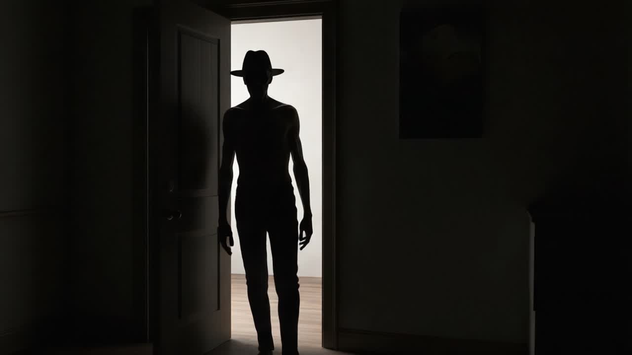 A Mysterious Silhouette Framed in Doorway: The Intriguing Figure Emerges from Shadows, Evoking Atmosphere of Suspense and Anticipation in Dimly-Lit Room