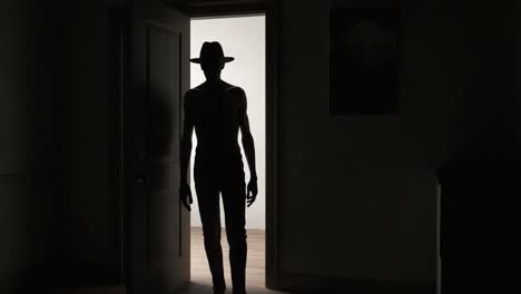 A Mysterious Silhouette Framed in Doorway: The Intriguing Figure Emerges from Shadows, Evoking Atmosphere of Suspense and Anticipation in Dimly-Lit Room