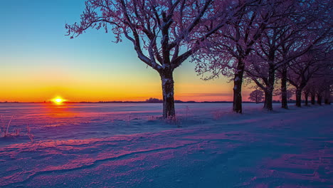 puesta de sol en un bosque nevado