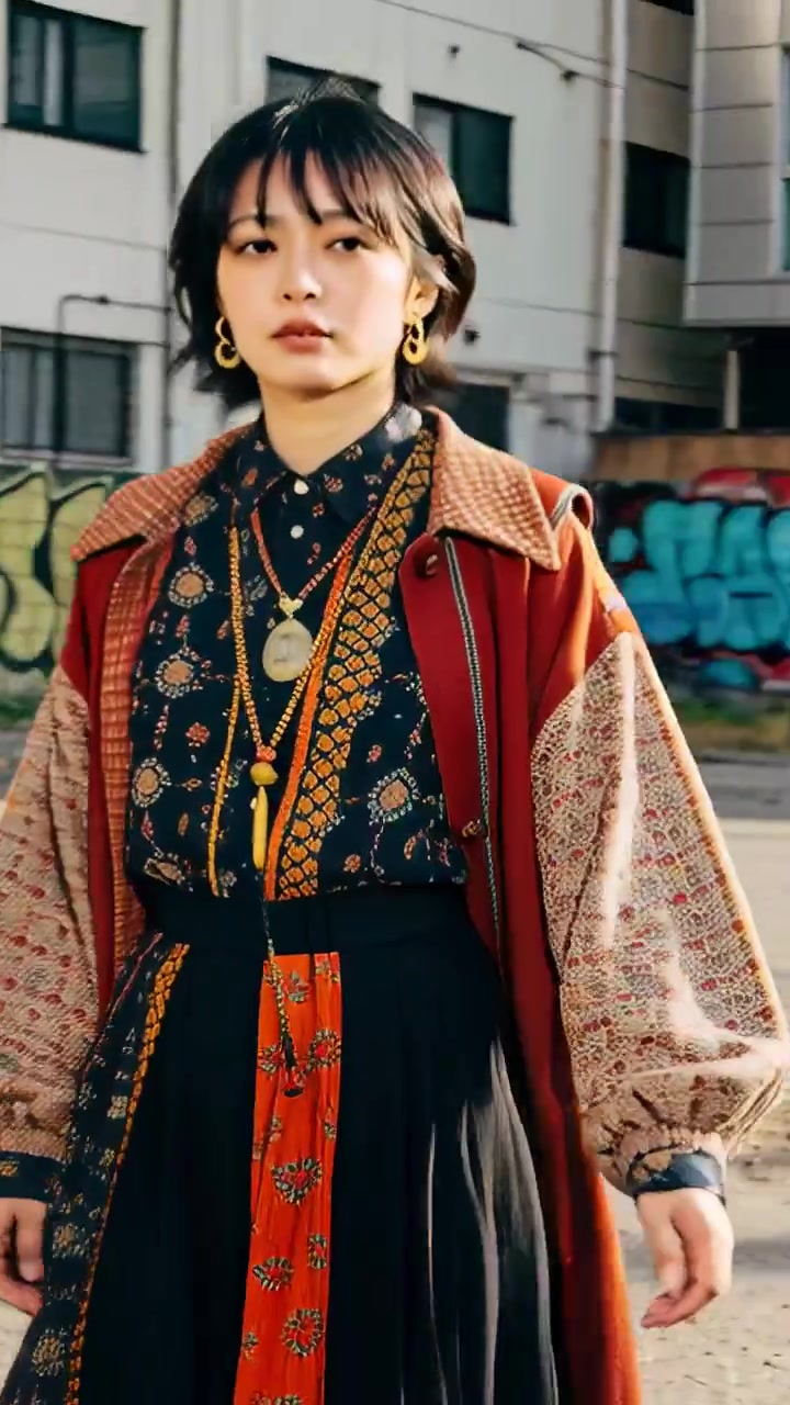 Dikey video: Sağdan giren model yürüyor, kırmızı paltosunu düzeltiyor, poz veriyor ve kentsel bir alanda kolyelerini sergiliyor.