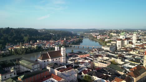 sunny morning over city passau and river danube and inn, with cathedral, church of st