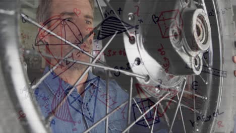 animation of mathematical equations with man repairing wheel of his motorbike