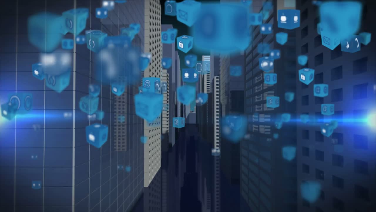 Animation of digital icons floating over 3d buildings model against light trail on blue background