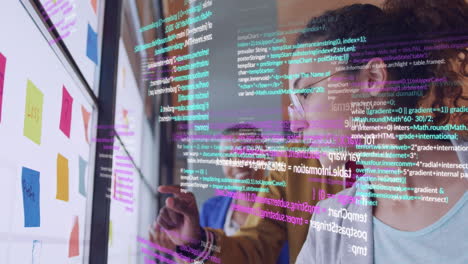 Animation of data processing over diverse business people in office