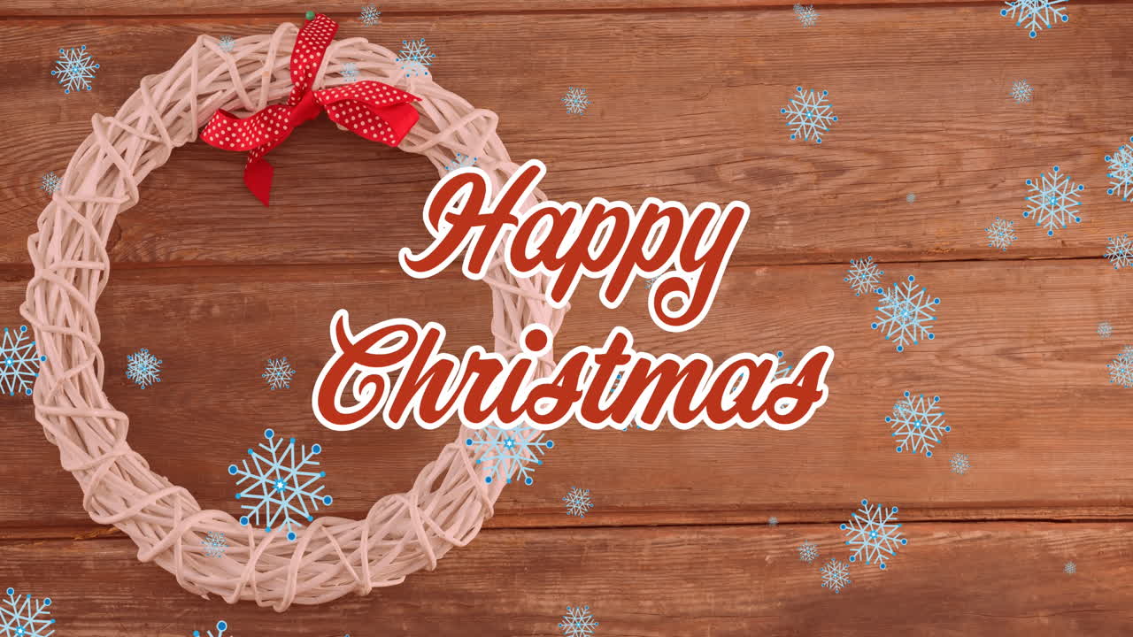 눈이 내리고 크리스마스 장식 위에 크리스마스 축하 문자의 애니메이션