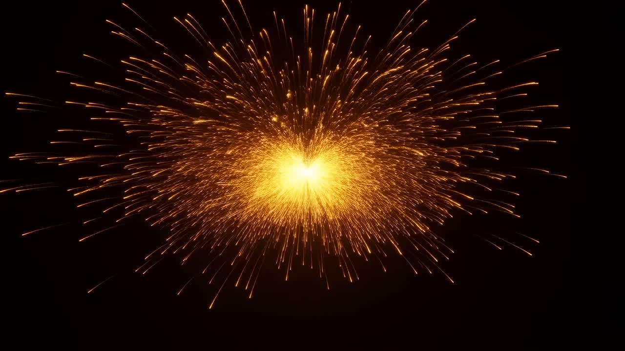 Explosive Golden Firework Burst Lighting Night Sky, Radial Sparks Flying Outward, Intense Glow On Black