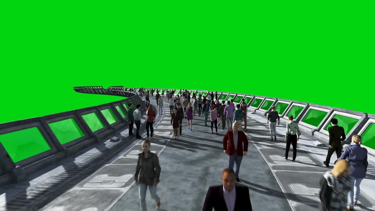 gente 3d en el túnel de ciencia ficción. tráfico. concepto del futuro. imágenes de pantalla verde. animación realista en 4k.