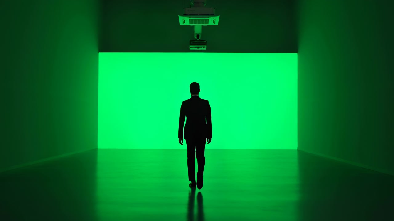 Scuro silhouette umana si muove costantemente in avanti verso un'apertura rettangolare verde brillante, con riflessi sul pavimento e pareti in ombra che incorniciano una vista centrata