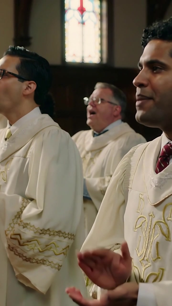 Video verticale: Inizio di un inno guidato, tre ecclesiastici che cantano muovendo le mani in chiesa, con casule bianche.