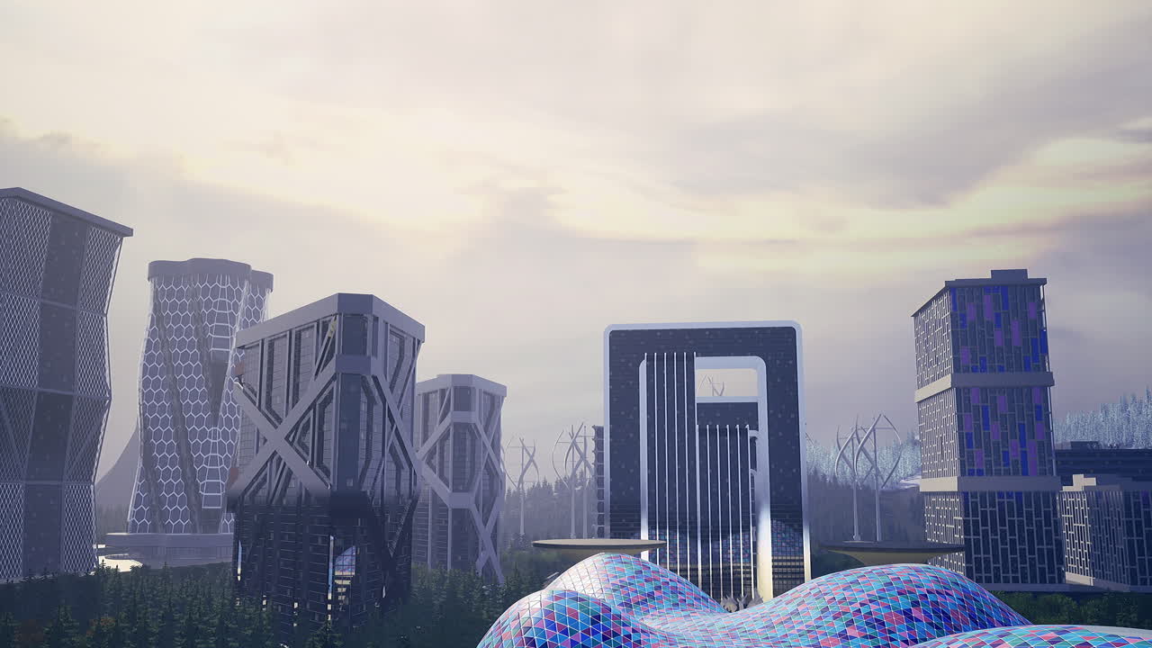 Unique modern architecture in a futuristic city with natural elements visible