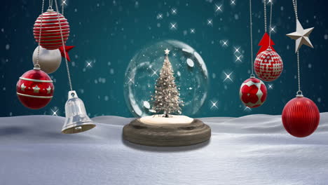 animation of christmas baubles decorations over snow globe with christmas tree
