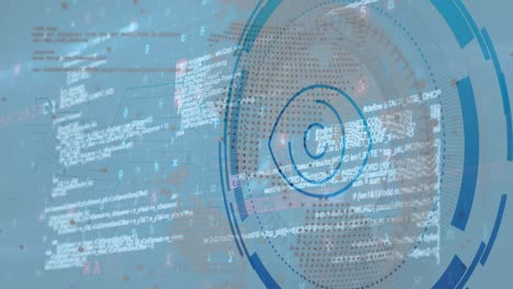 Animation of eye icon over data processing on black background