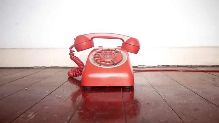 téléphone vintage sonnant du crochet sur le vieux sol en bois