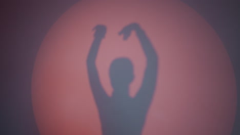 a lady's shadow reflecting on the wall as she dances and moves her hands in the air against a red background. the graceful movements and artistic silhouette create a captivating visual effect