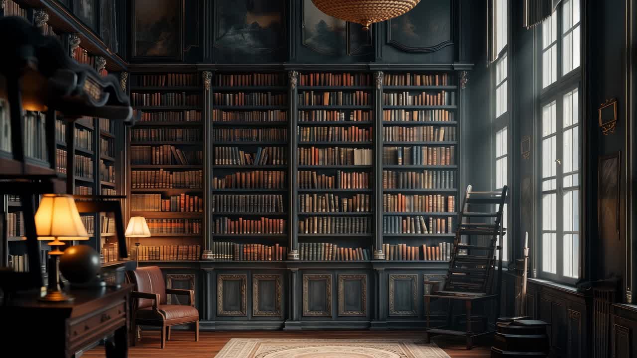 A cozy library with vintage decor, captured from a wide-angle view
